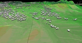 盛岡市北部の丘陵地で、広さが2×1.8km、標高差が110mあるエリアでの三次元気流解析モデル作成の図2