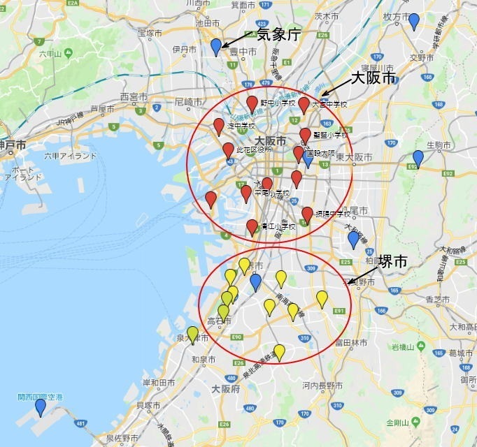 大阪府の大気汚染常時測定局設置状況　(一般大気観測局かつ風向風速観測所のみ)