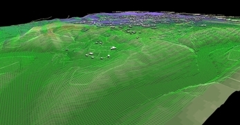 盛岡市北部の丘陵地で、広さが2×1.8km、標高差が110mあるエリアでの三次元気流解析モデル作成の図4